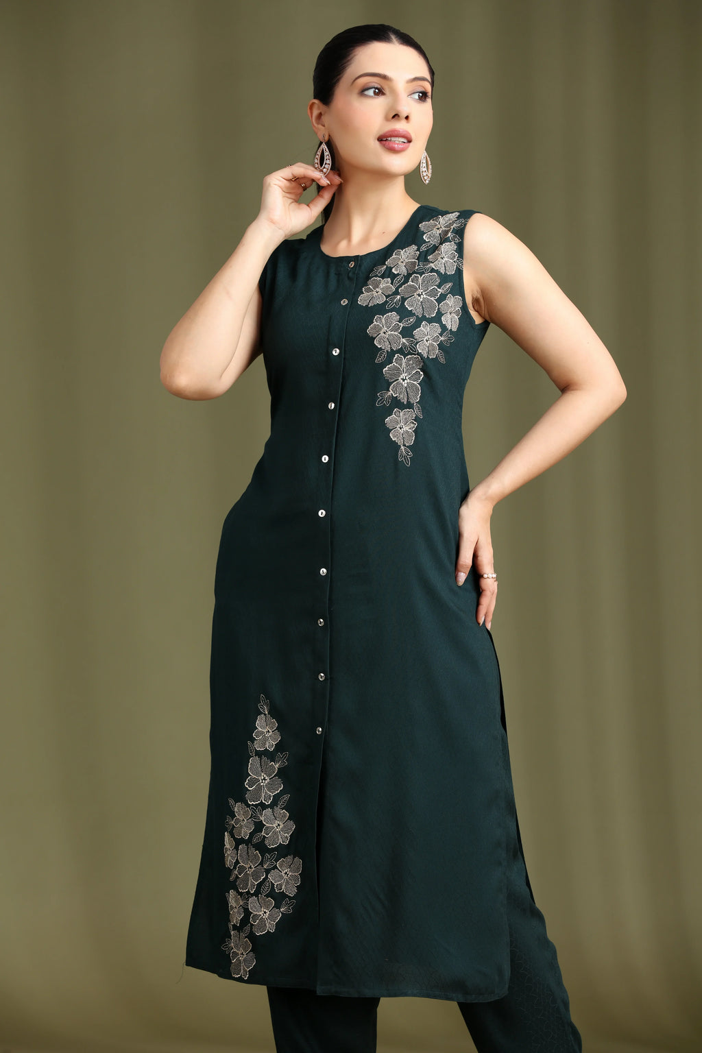 Teal Embroidered Straight Co ord Set