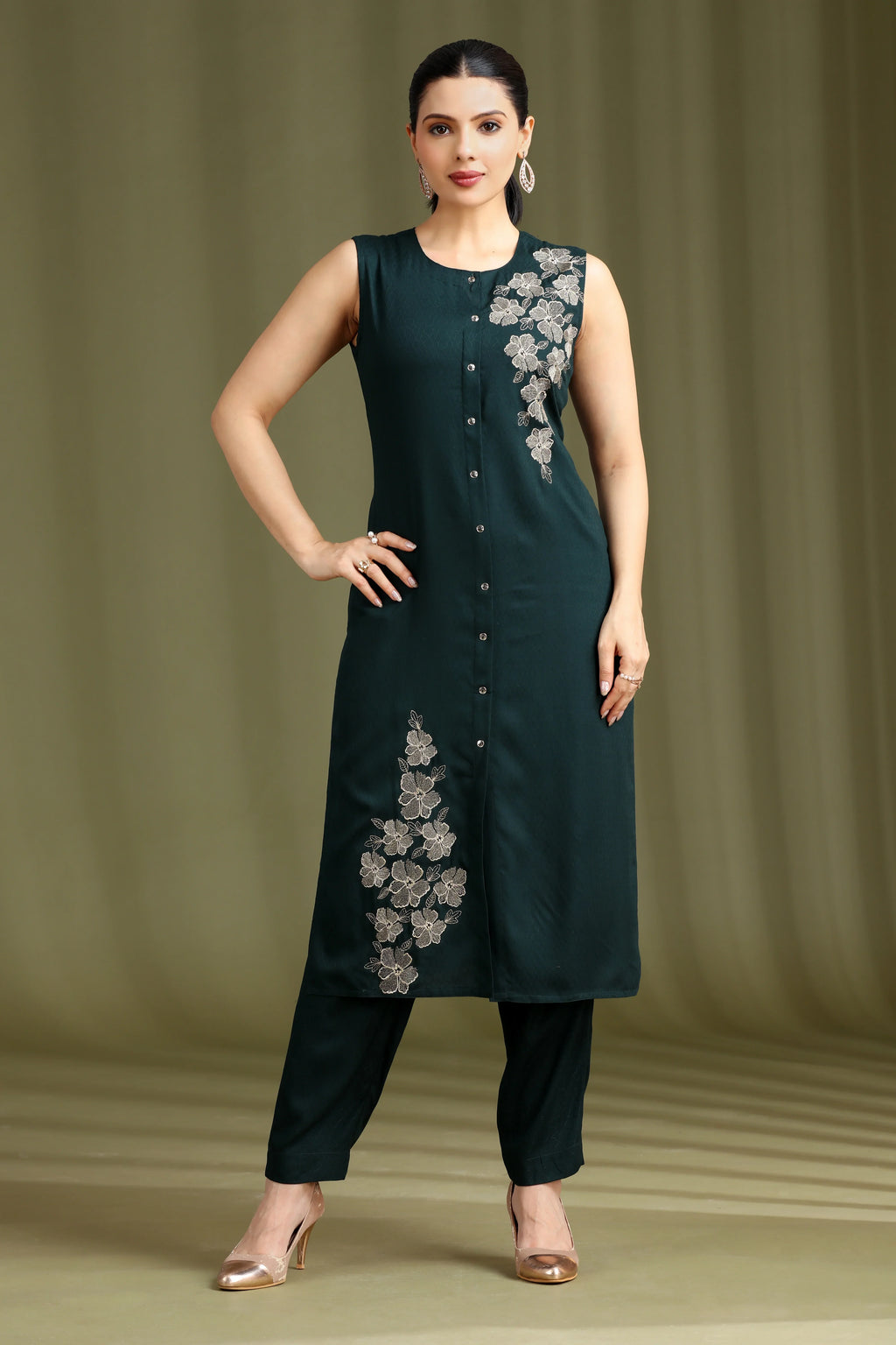 Teal Embroidered Straight Co ord Set