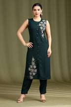 Teal Embroidered Straight Co ord Set