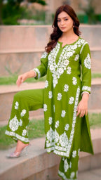 Navya Dark Green Lucknowi Chikankari Kurti Pant Set