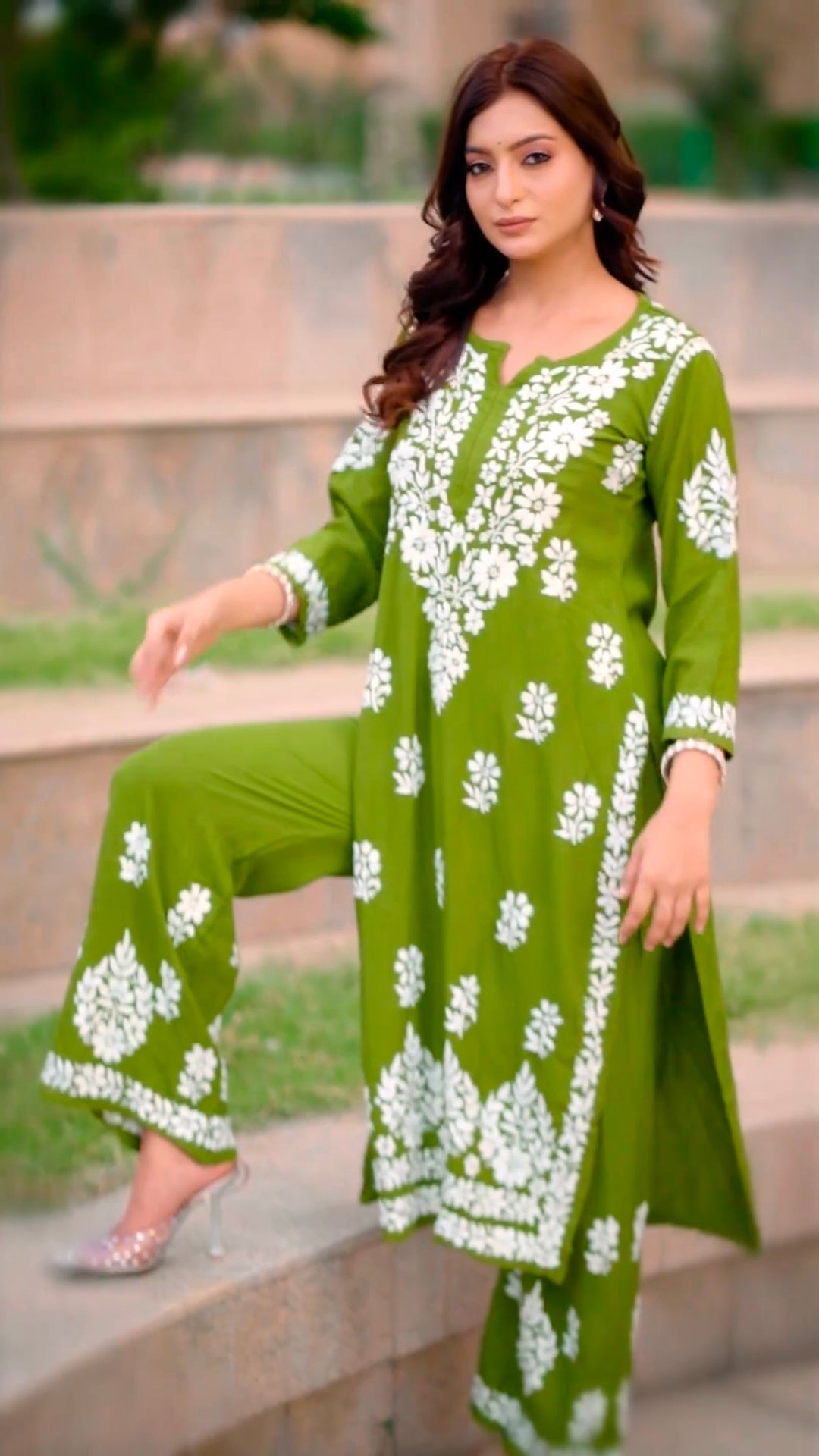 Navya Dark Green Lucknowi Chikankari Kurti Pant Set