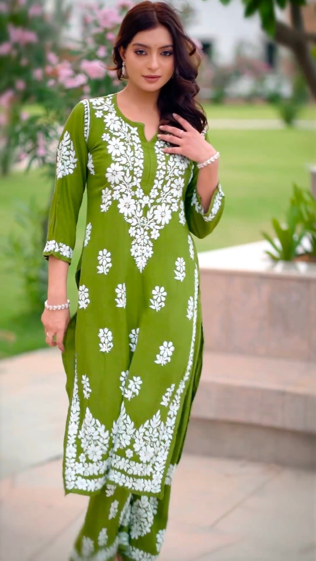 Navya Dark Green Lucknowi Chikankari Kurti Pant Set