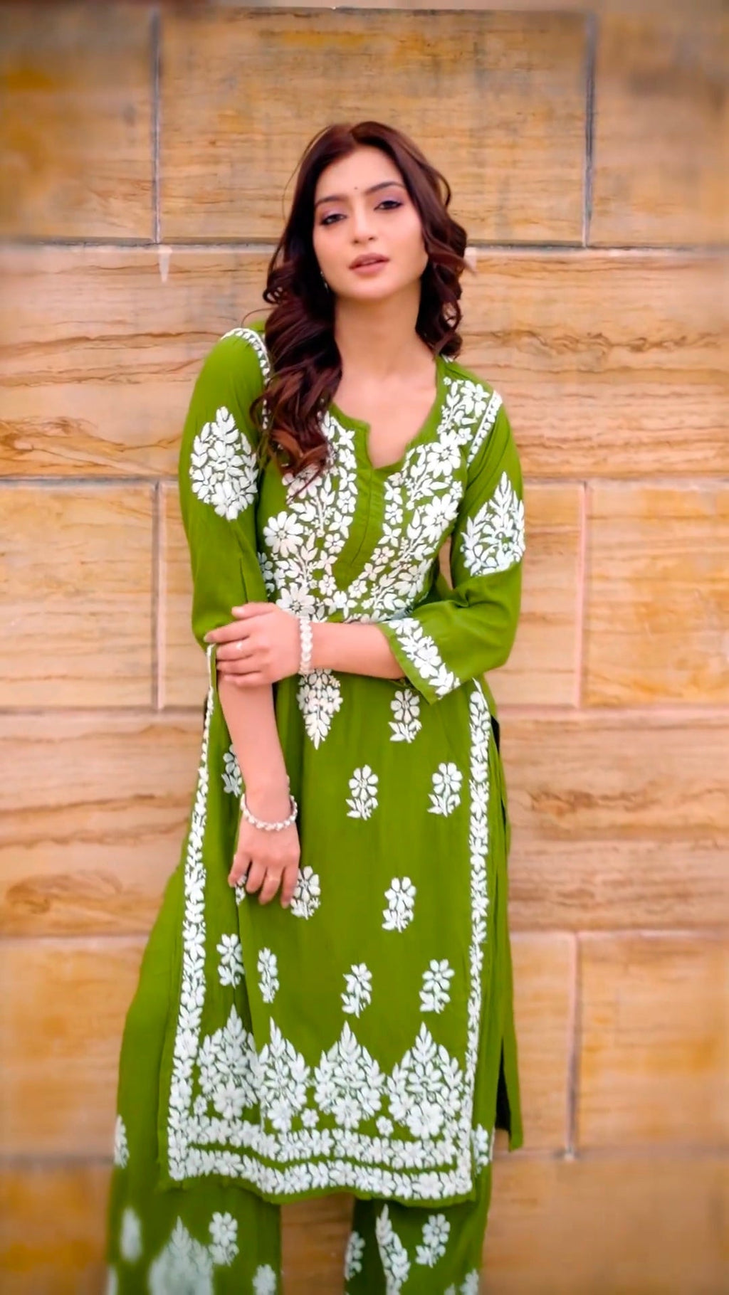 Navya Dark Green Lucknowi Chikankari Kurti Pant Set