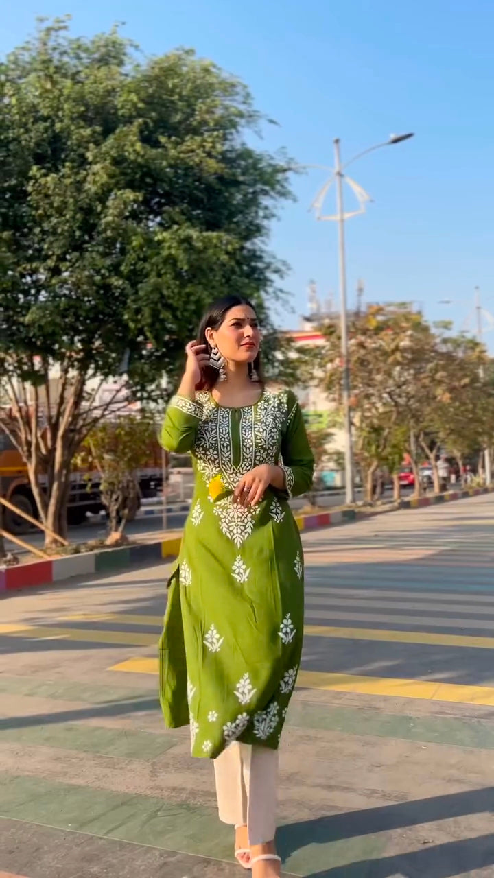 Rivika Green Chikankari Exclusive Kurti Pant Set