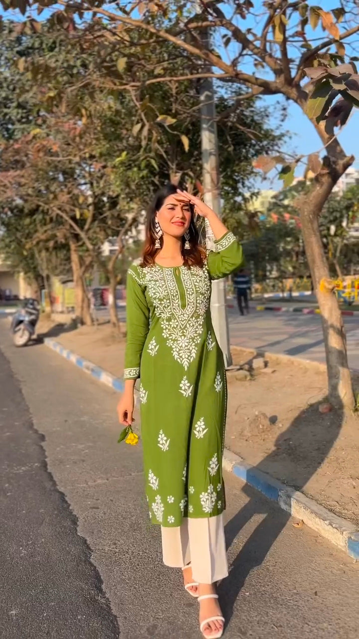 Rivika Green Chikankari Exclusive Kurti Pant Set