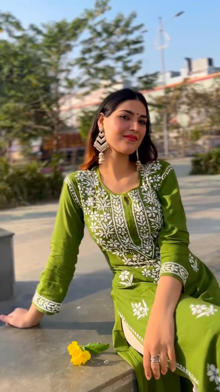 Rivika Green Chikankari Exclusive Kurti Pant Set