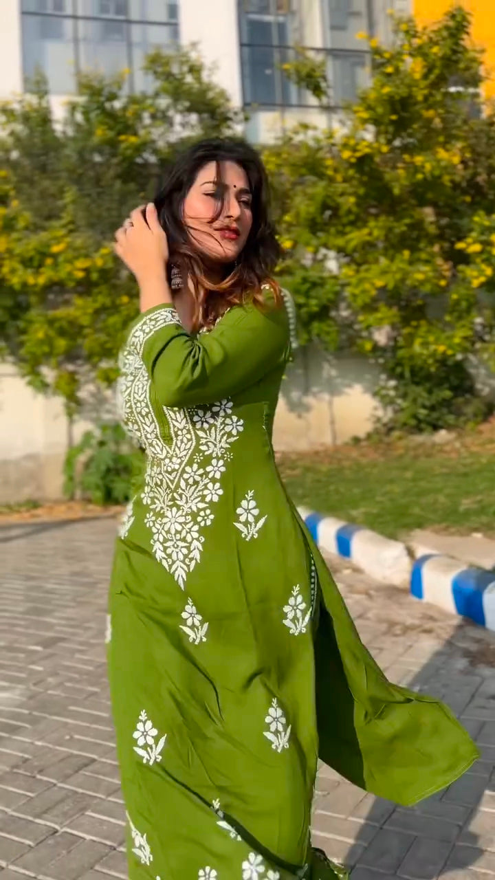Rivika Green Chikankari Exclusive Kurti Pant Set