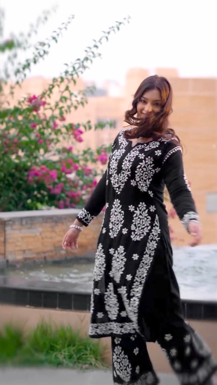 Fiza Black Chikankari Kurti Pant Set