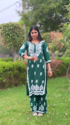 Pavika Green Lucknowi Chikankari Kurti Pant Set