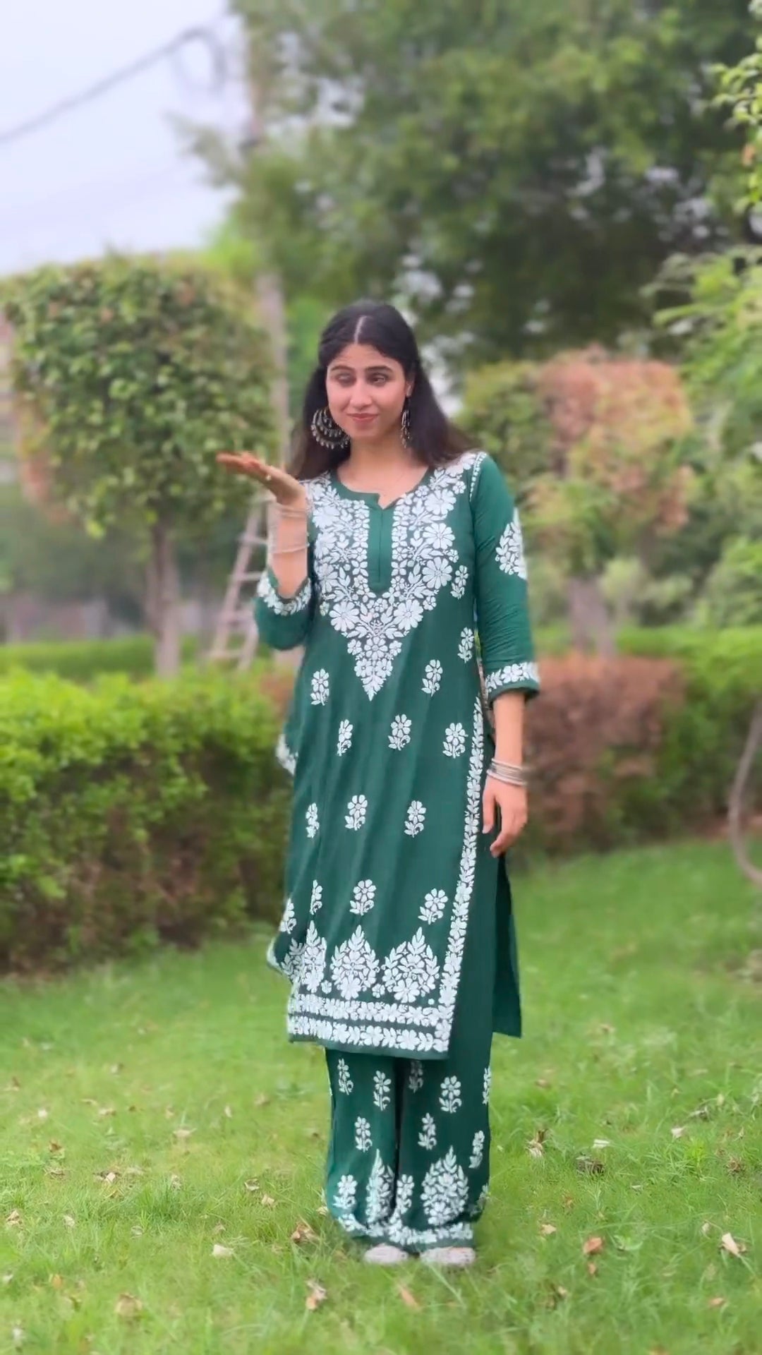 Pavika Green Lucknowi Chikankari Kurti Pant Set