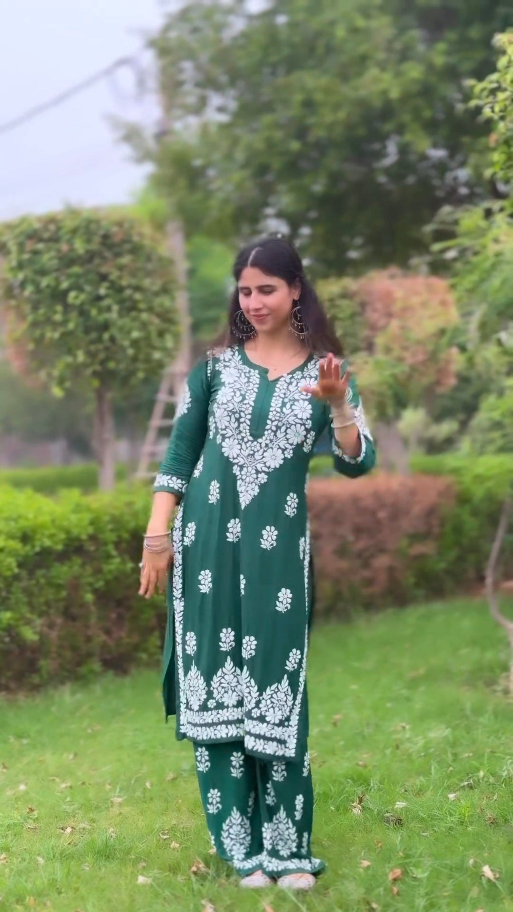 Pavika Green Lucknowi Chikankari Kurti Pant Set
