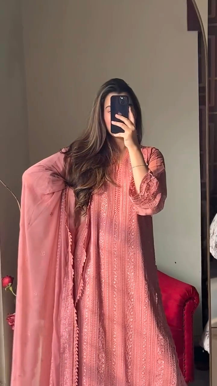 Aarohi Peach Embroidered Top Palazzo Set