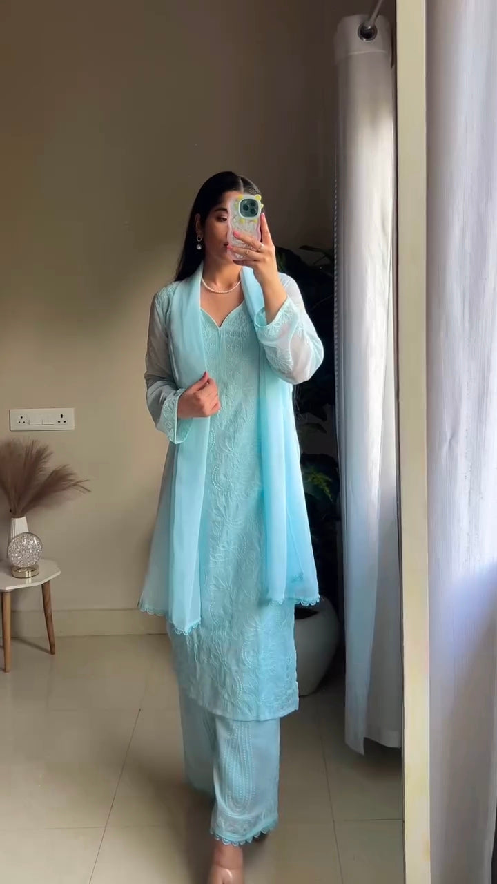 Harini Sky Blue Chikankari Kurta Palazzo Set