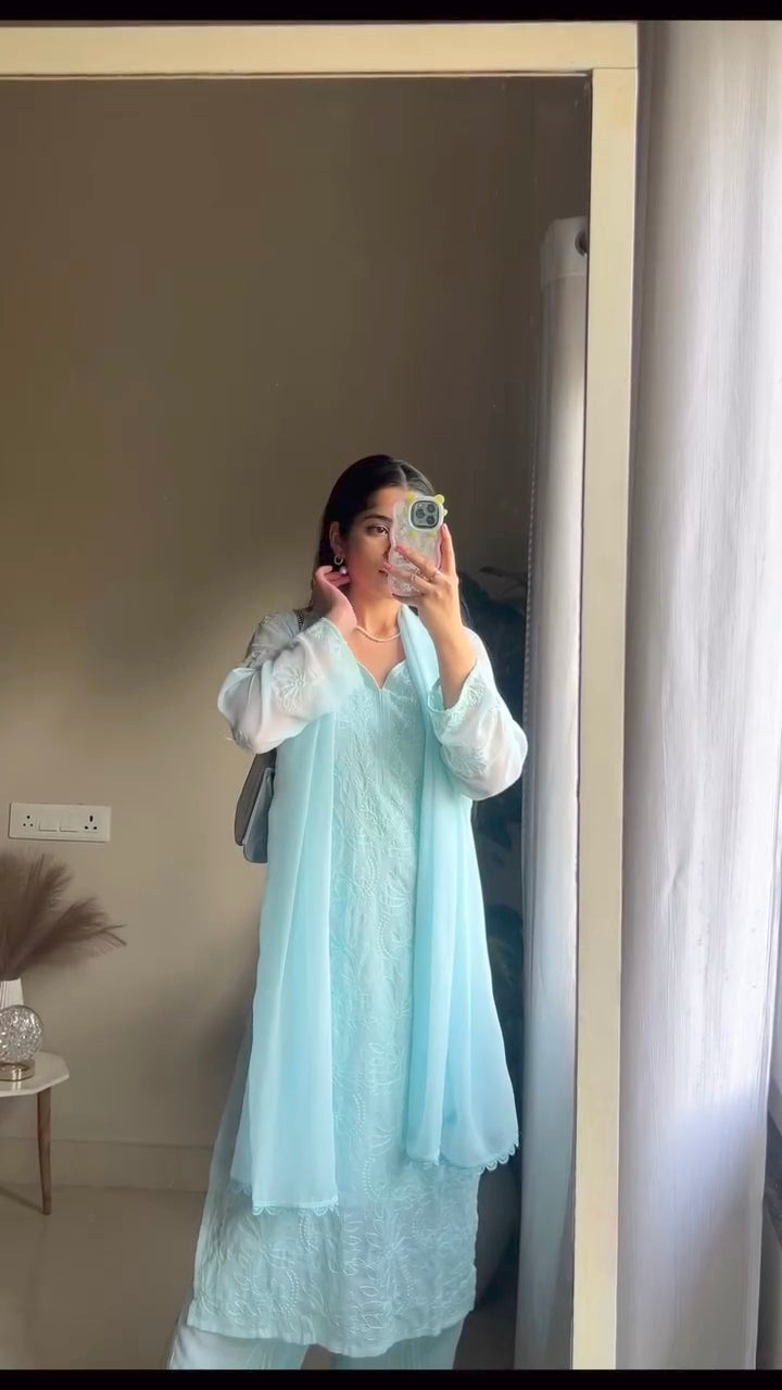 Harini Sky Blue Chikankari Kurta Palazzo Set