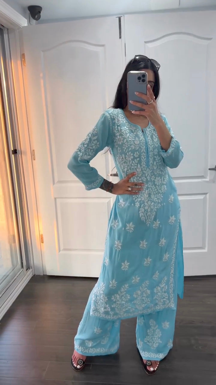 Zivika Blue Chikankari Kurti Pant Set