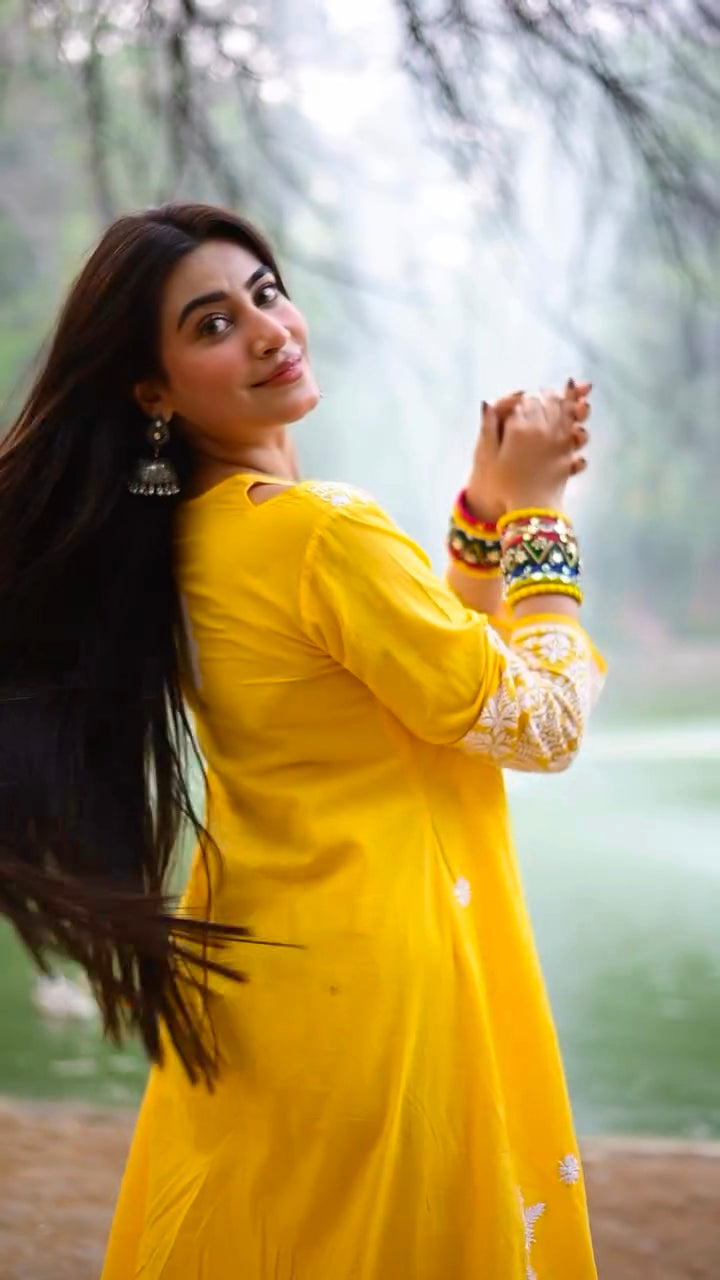 Tanisha Yellow Cotton Chikankari Long Kurta