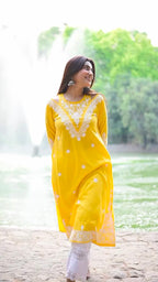 Tanisha Yellow Cotton Chikankari Long Kurta