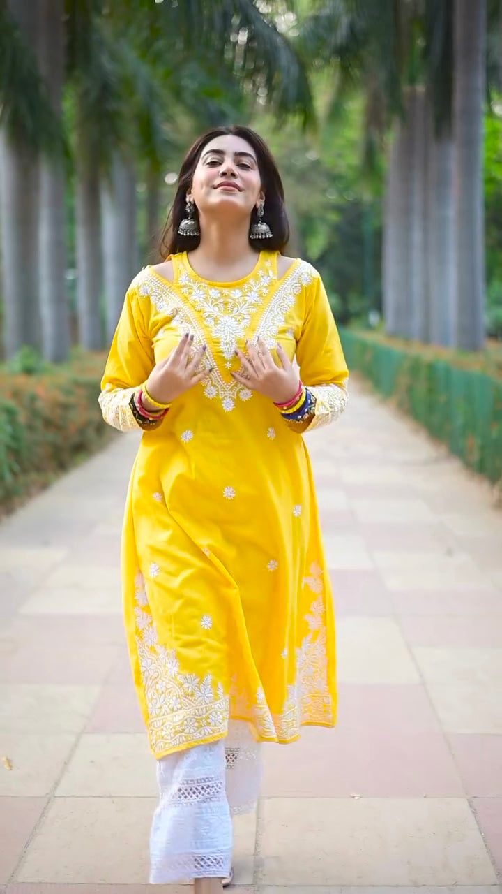 Tanisha Yellow Cotton Chikankari Long Kurta