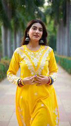 Tanisha Yellow Cotton Chikankari Long Kurta