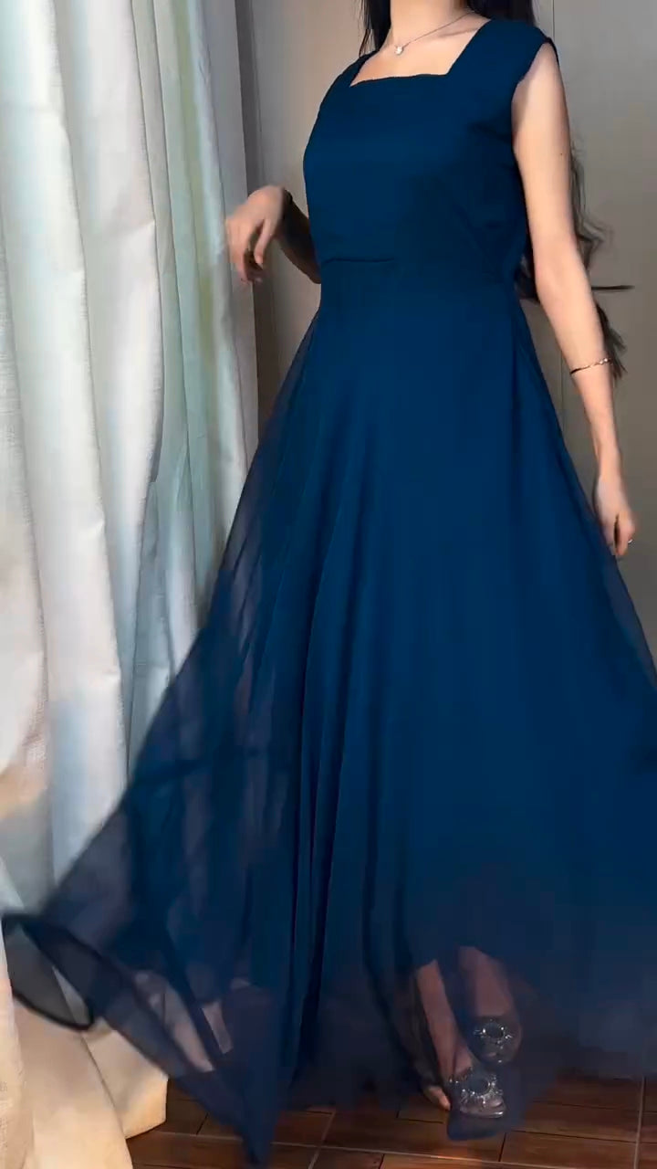 Bela Navy Blue Georgette Cape Dress
