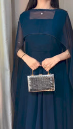 Bela Navy Blue Georgette Cape Dress