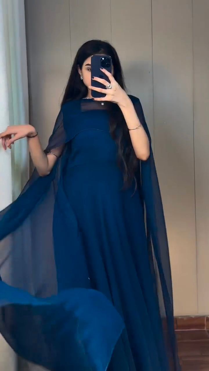 Bela Navy Blue Georgette Cape Dress