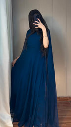Bela Navy Blue Georgette Cape Dress