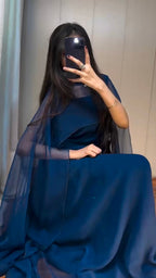 Bela Navy Blue Georgette Cape Dress