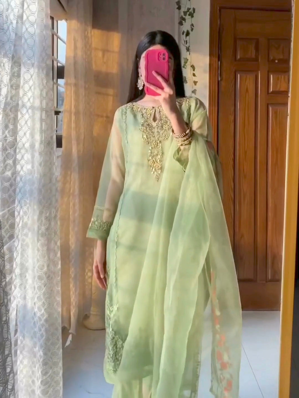 Urmila Pista Green 4-Piece Stitched Organza Dress