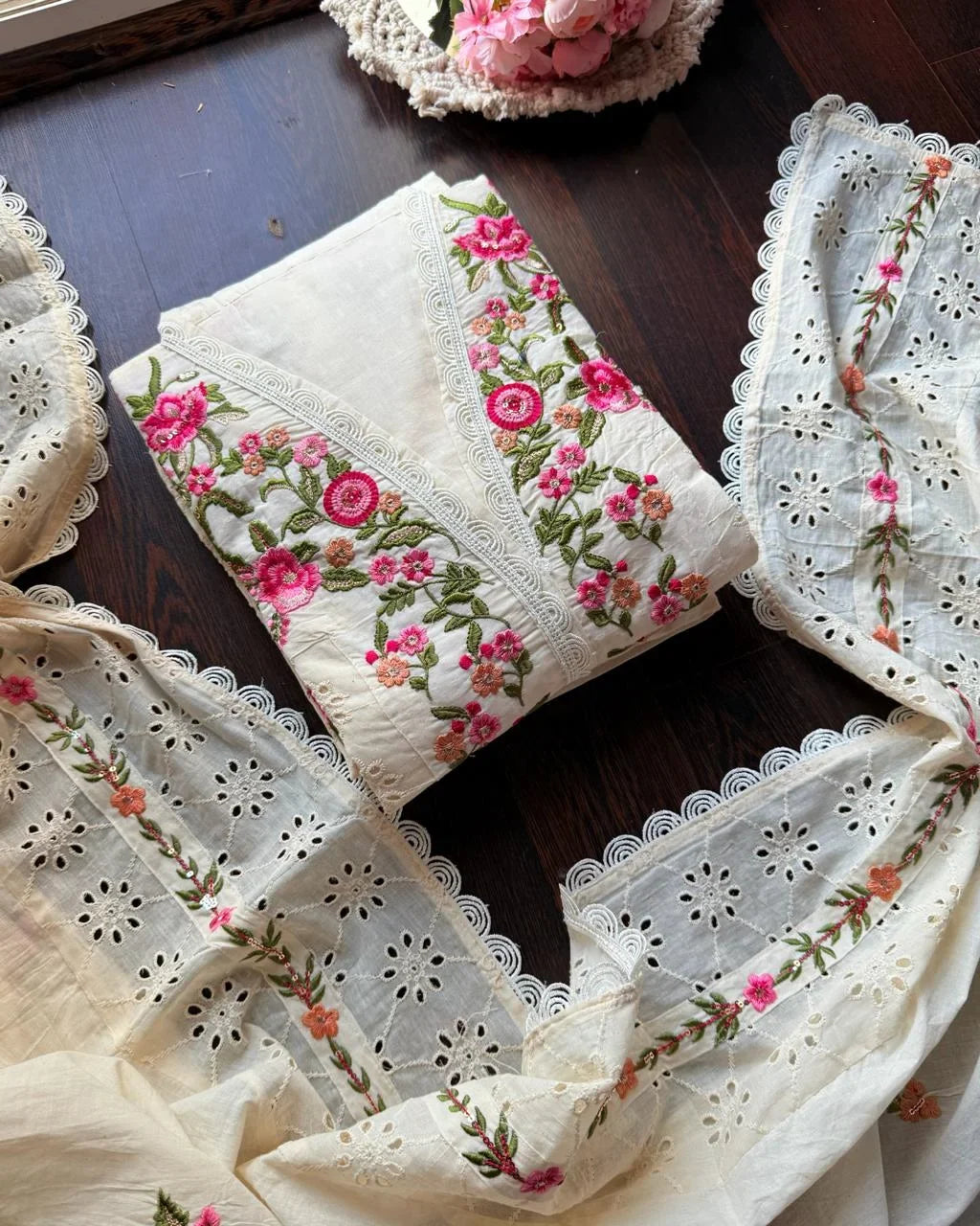 Oorja Ivory Kora Cotton Embroidered Suit