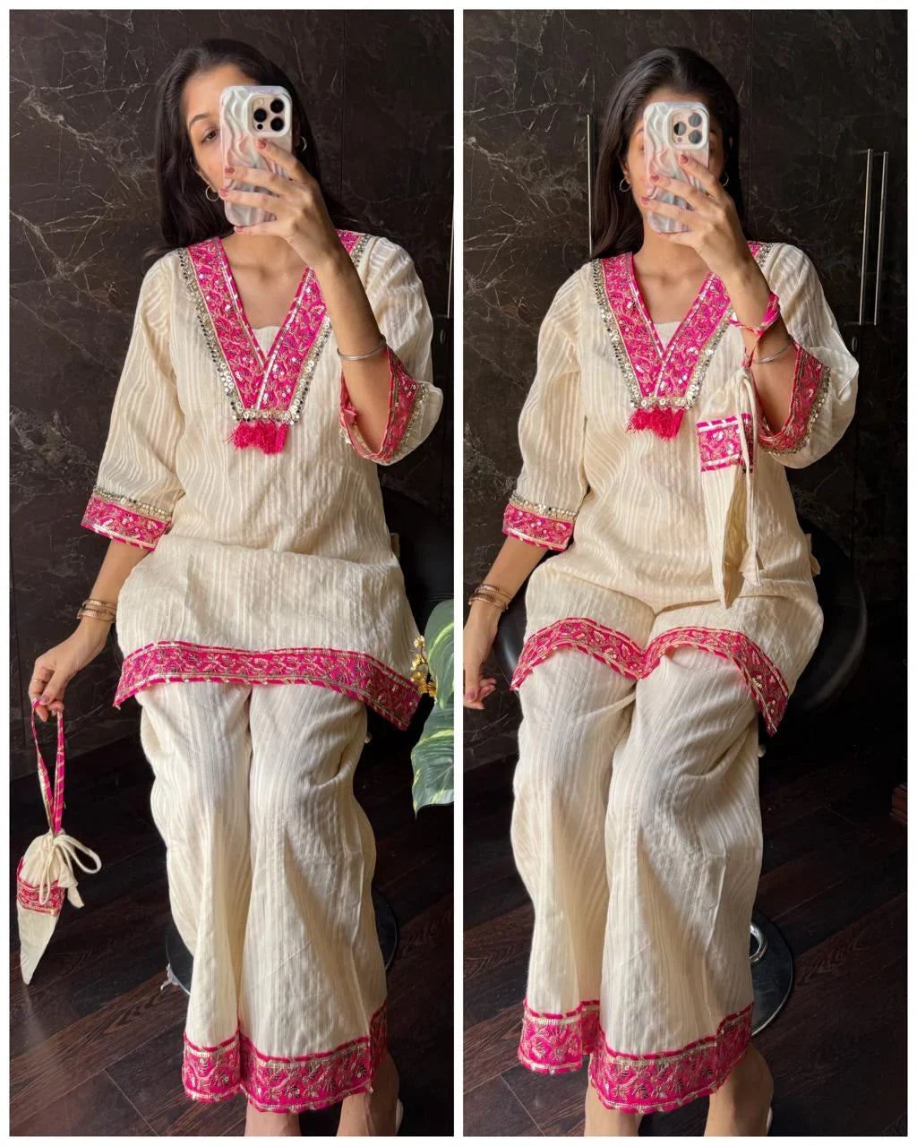 Festive Coord with Potli – Ivory