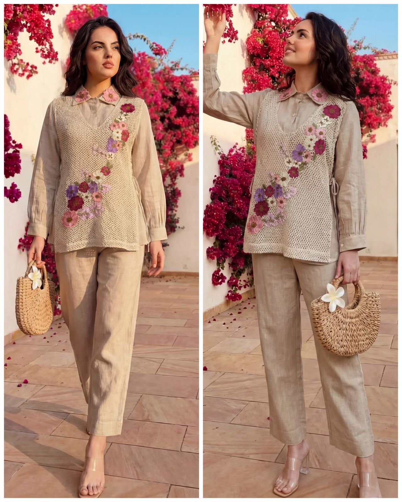 Premium Jute Coverup Coord with Applique 3D Flowers