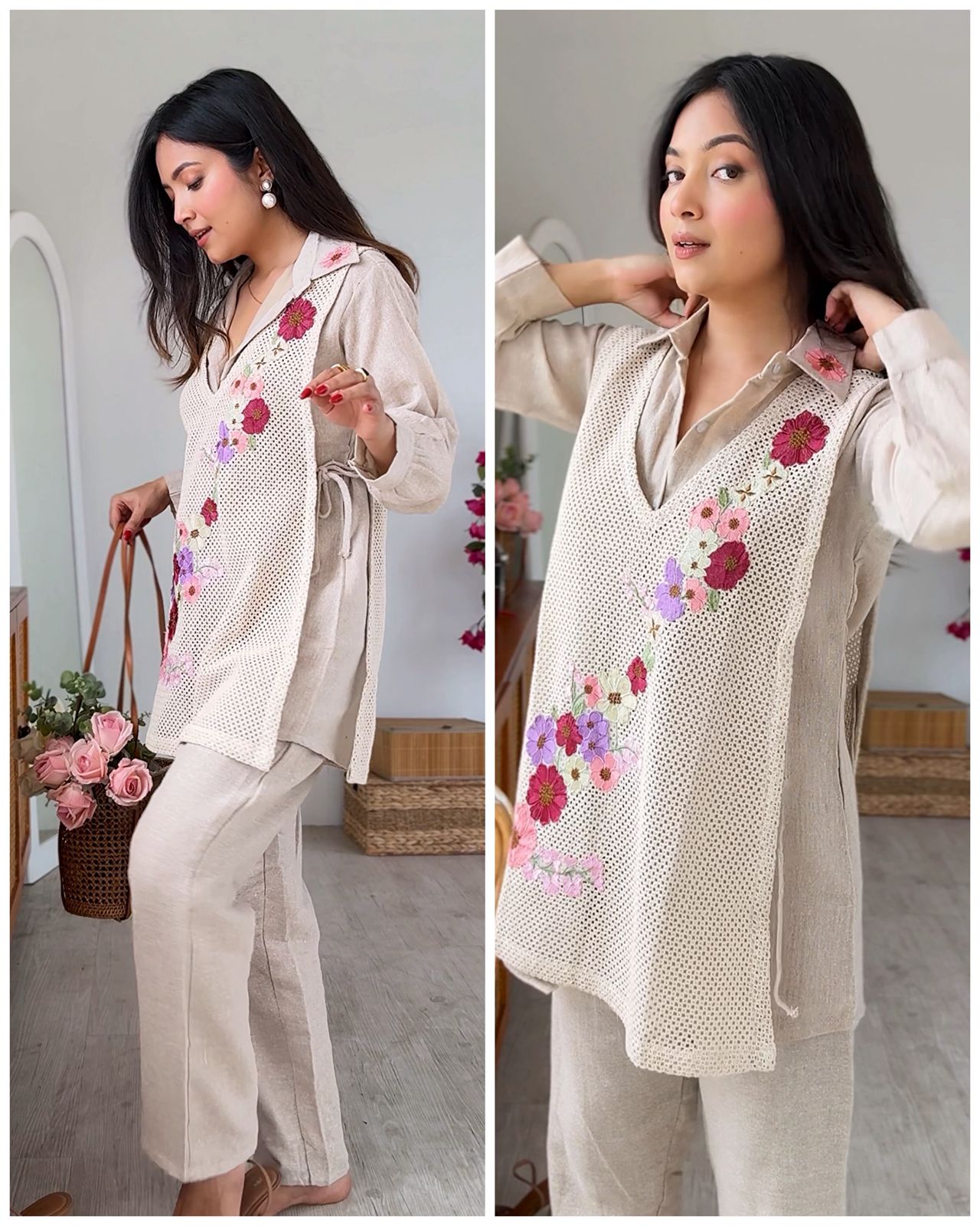 Premium Jute Coverup Coord with Applique 3D Flowers