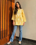 Myra Yellow Chikan Rayon A-Line Kurti