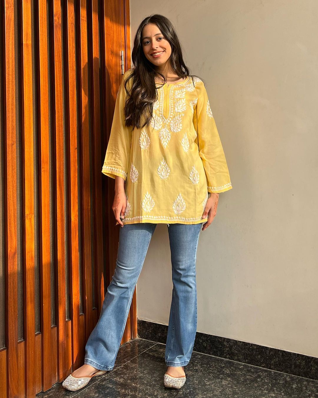 Myra Yellow Chikan Rayon A-Line Kurti
