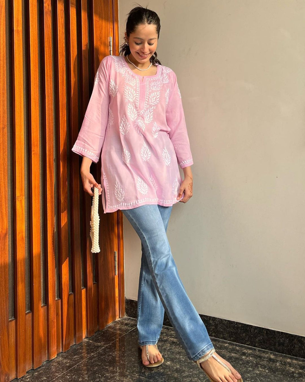 Alya Pink Chikan Rayon A-Line Kurti