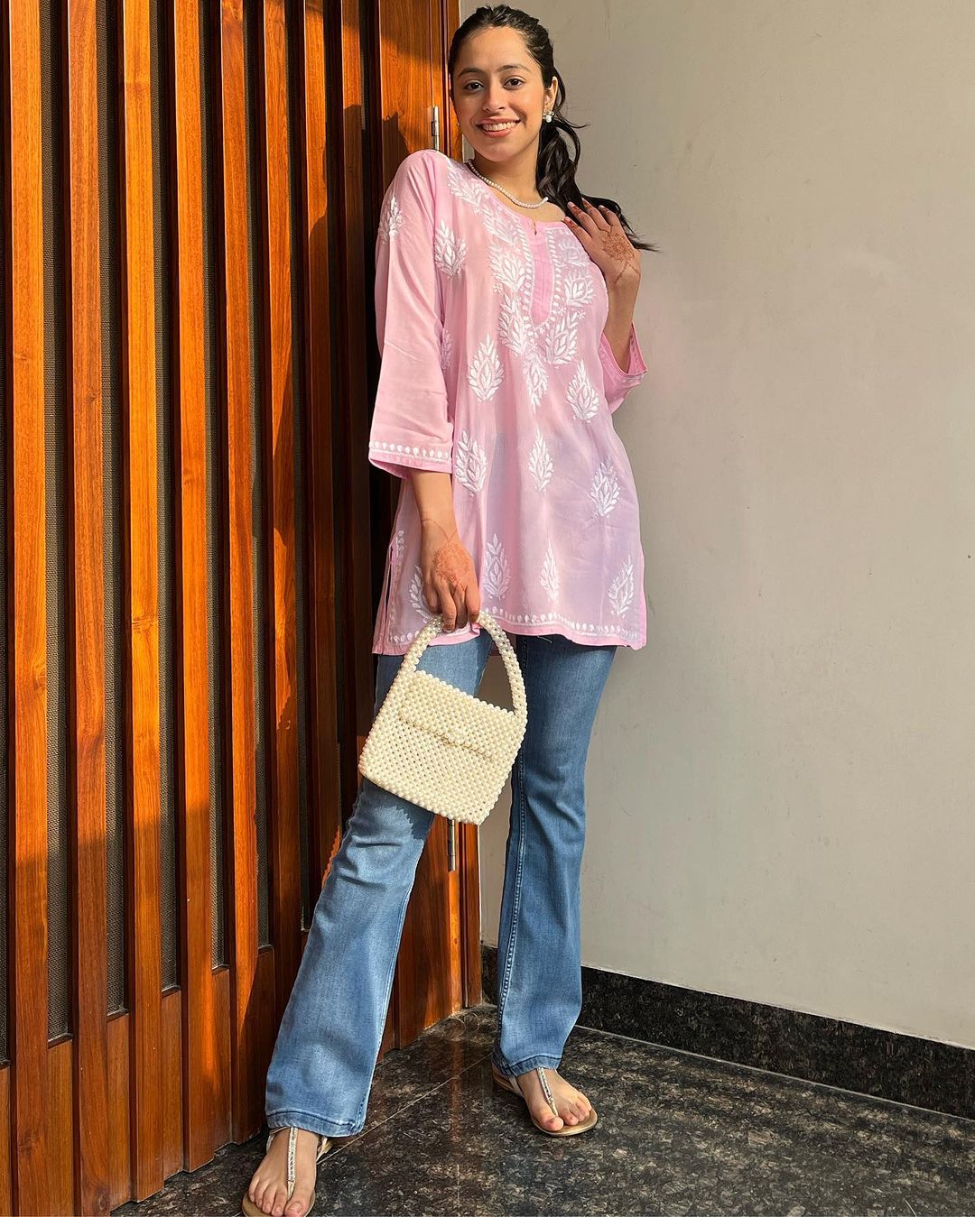 Alya Pink Chikan Rayon A-Line Kurti