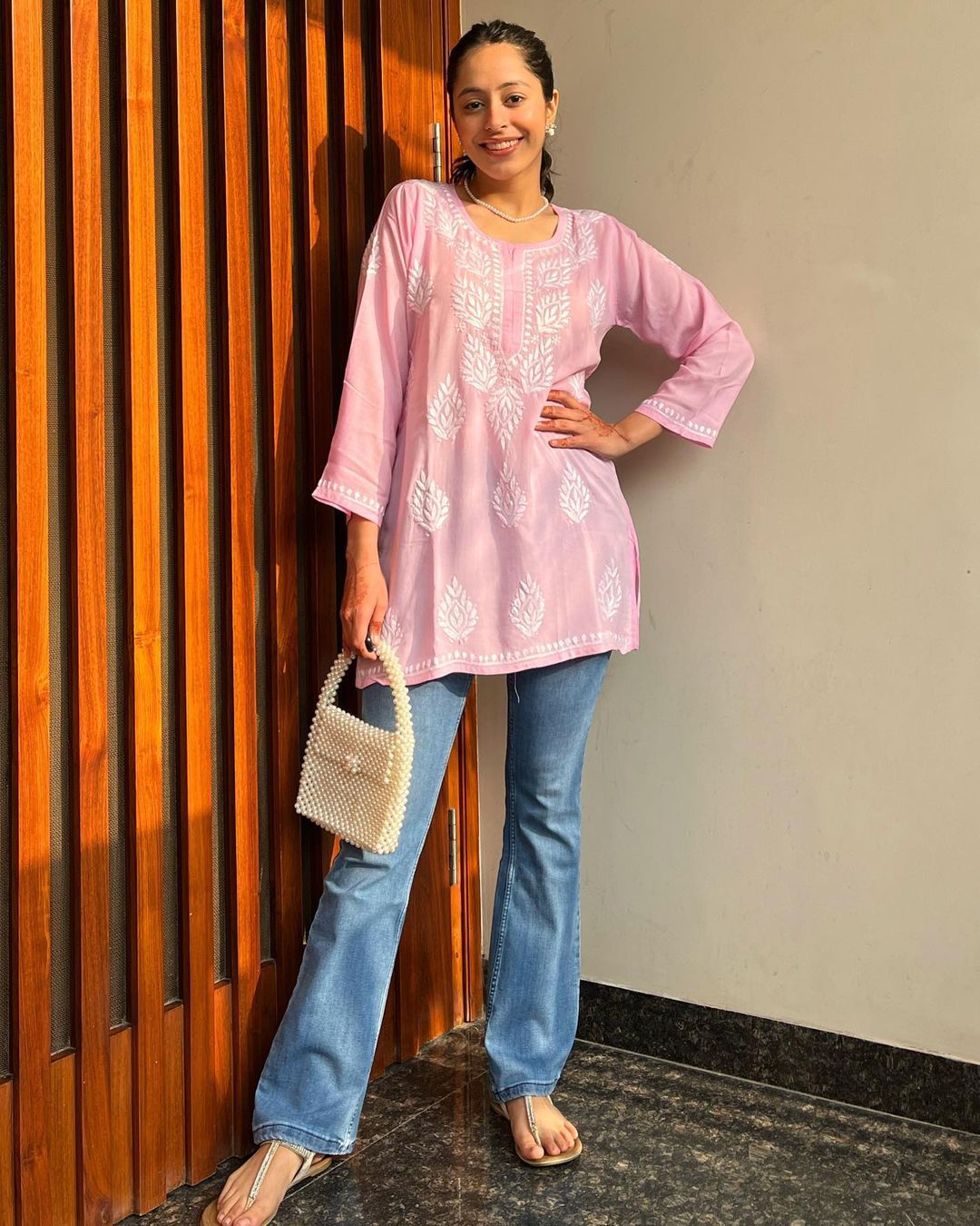 Alya Pink Chikan Rayon A-Line Kurti