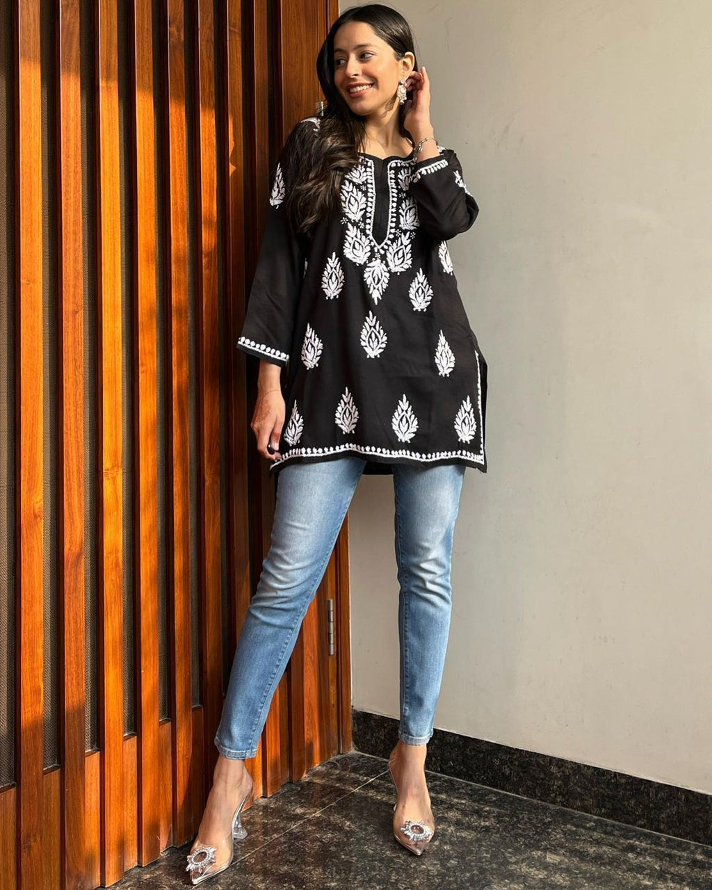 Zoya Black Chikan Rayon A-Line Kurti