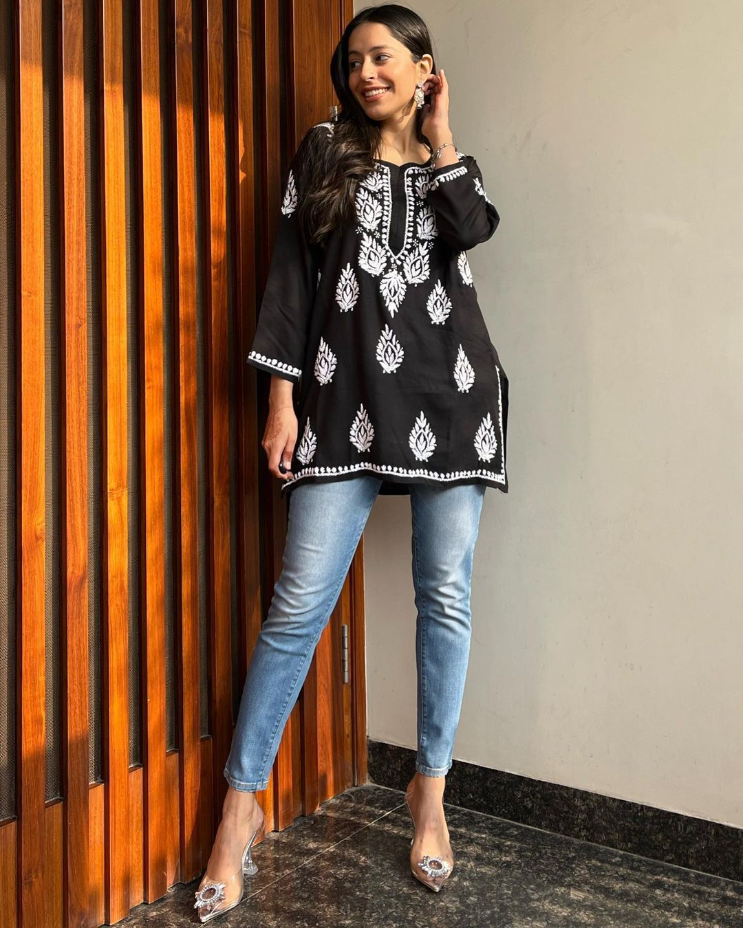 Zoya Black Chikan Rayon A-Line Kurti