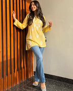 Myra Yellow Chikan Rayon A-Line Kurti