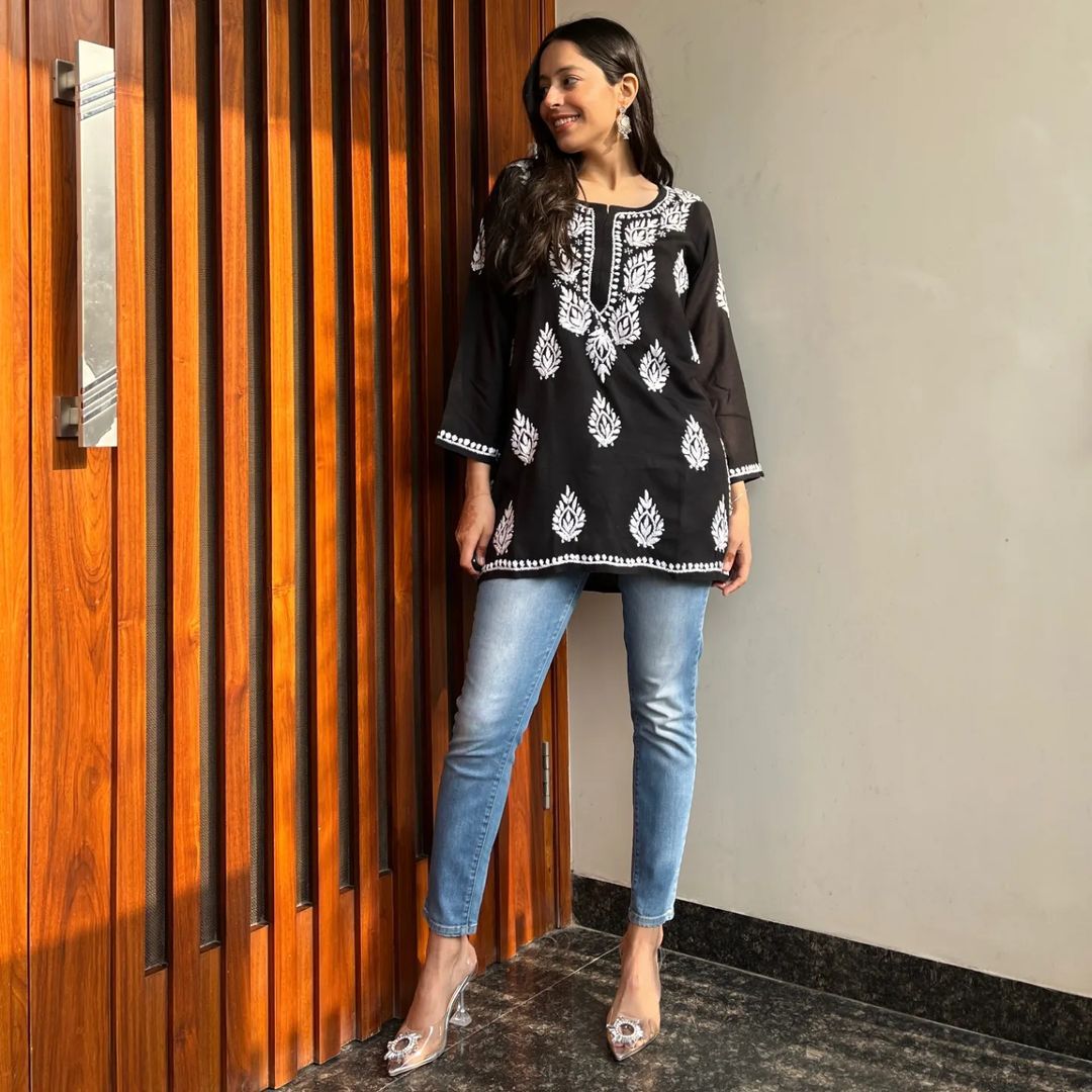 Zoya Black Chikan Rayon A-Line Kurti