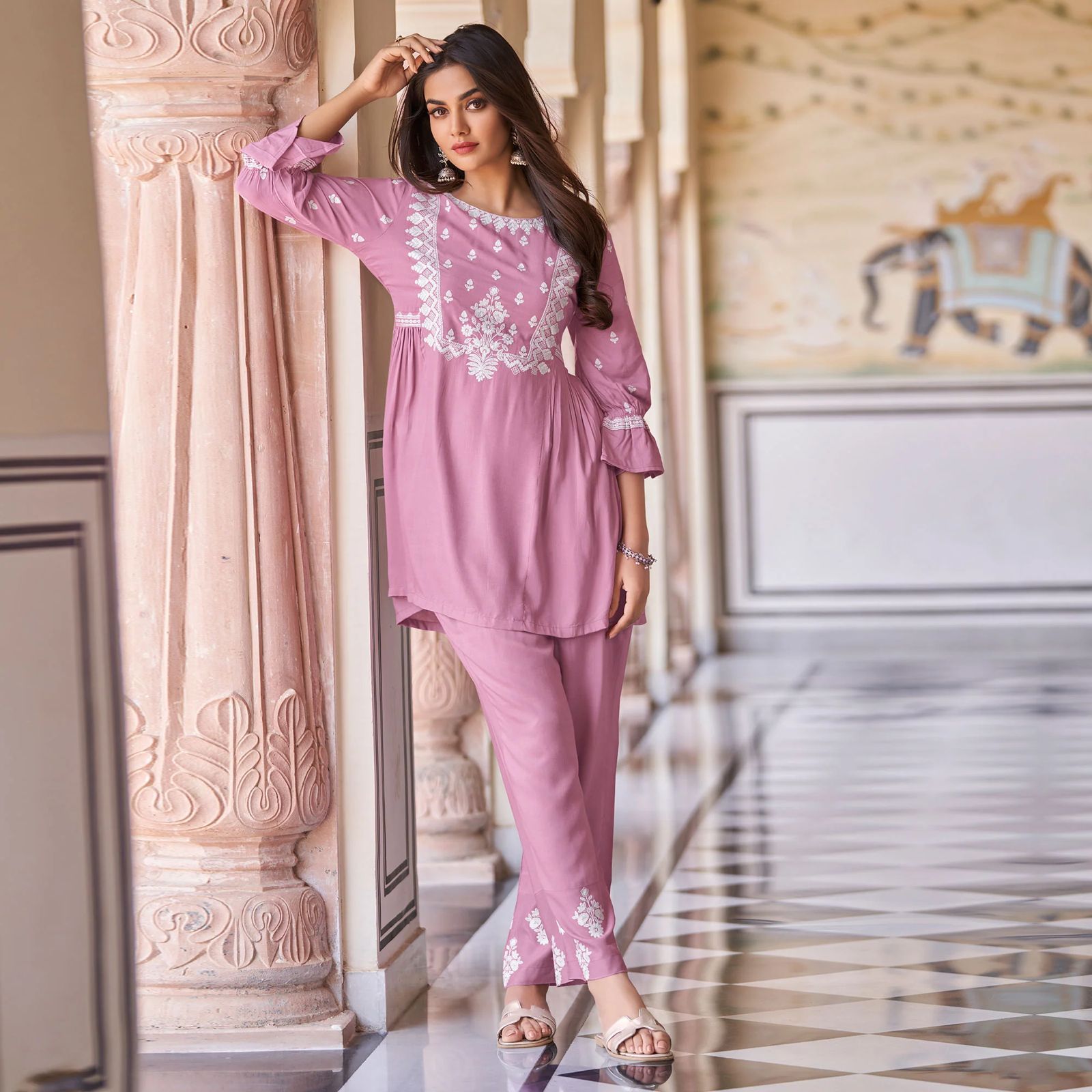Urvashi Baby Pink Chikankari Exclusive Kurti Pant Set