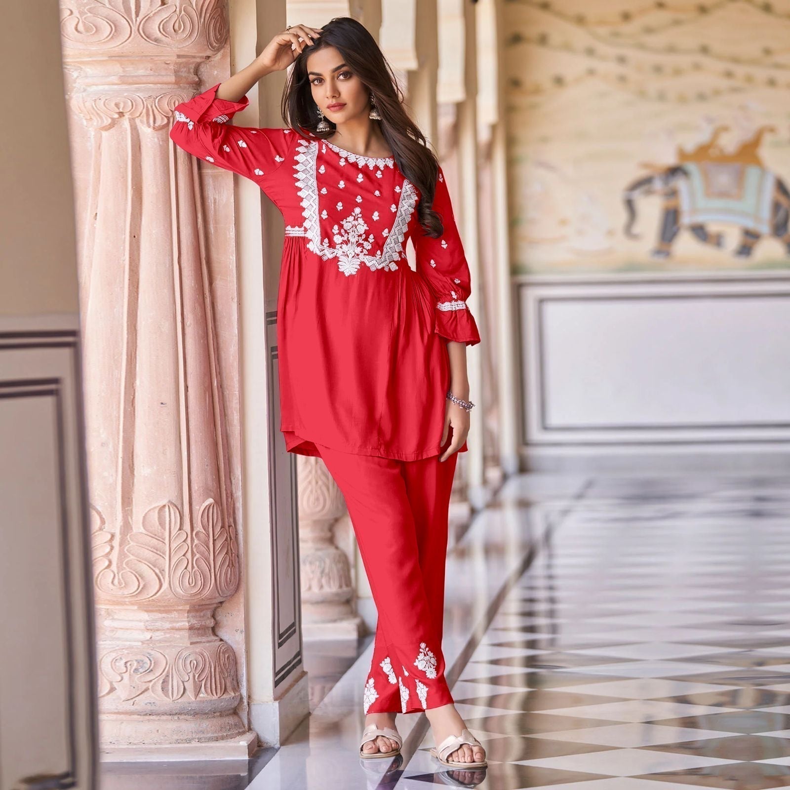 Suvika Red Chikankari Exclusive Kurti Pant Set