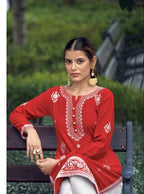 Mridula Red Chikankari Kurti Pant Set