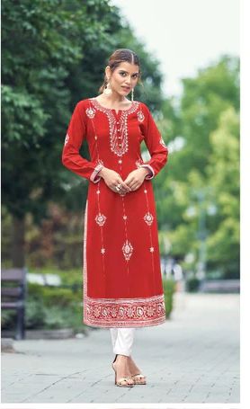 Mridula Red Chikankari Kurti Pant Set