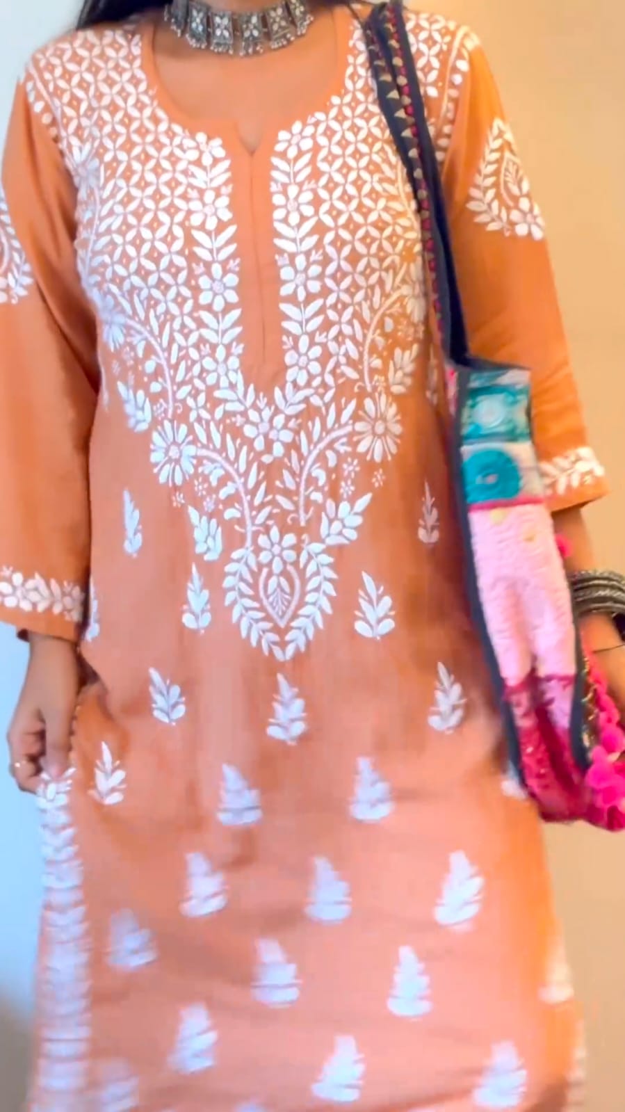 Janvi Orange Chikankari Kurti Pant Set