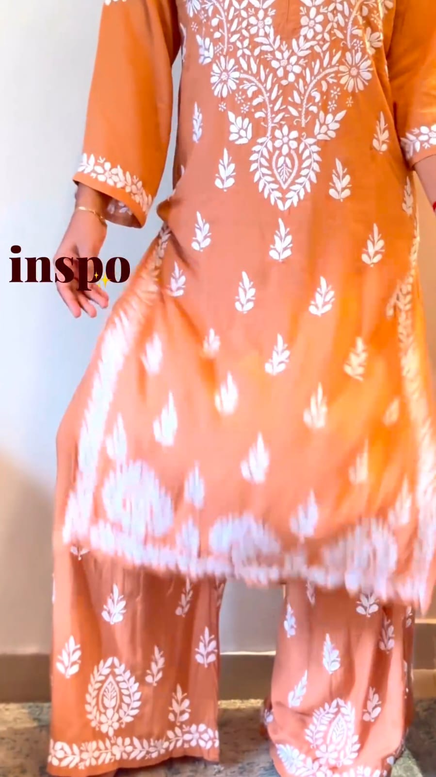 Janvi Orange Chikankari Kurti Pant Set