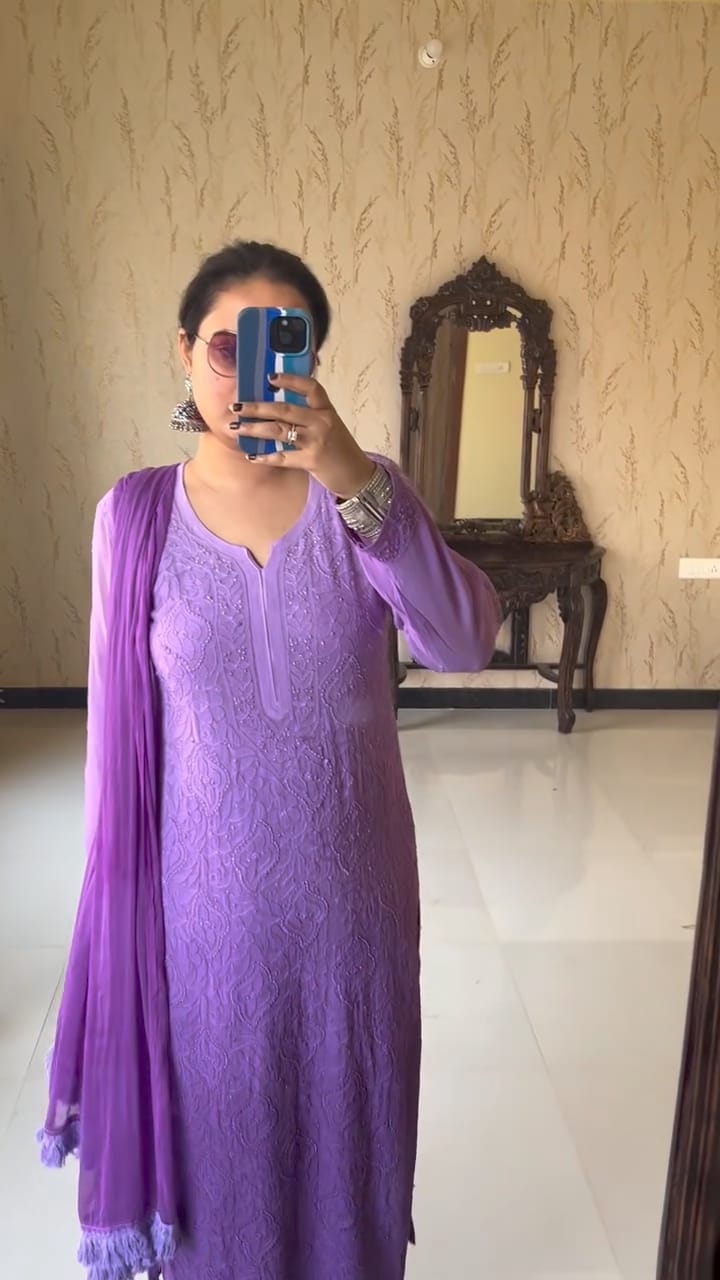 Nishita Purple Chikankari Kurta Palazzo Dupatta Set