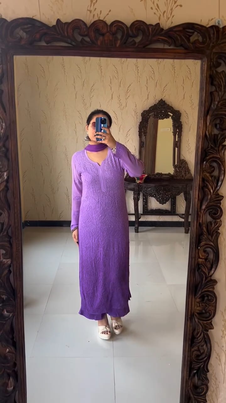 Nishita Purple Chikankari Kurta Palazzo Dupatta Set